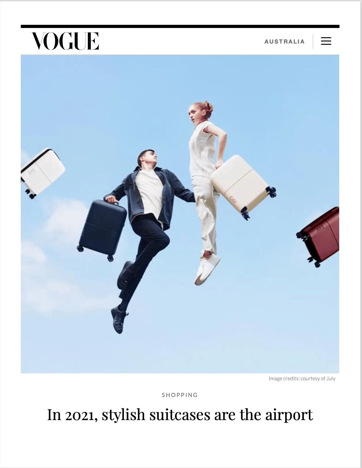 Stylish suitcases showcased in Vogue Australia, representing modern airport fashion in 2021.