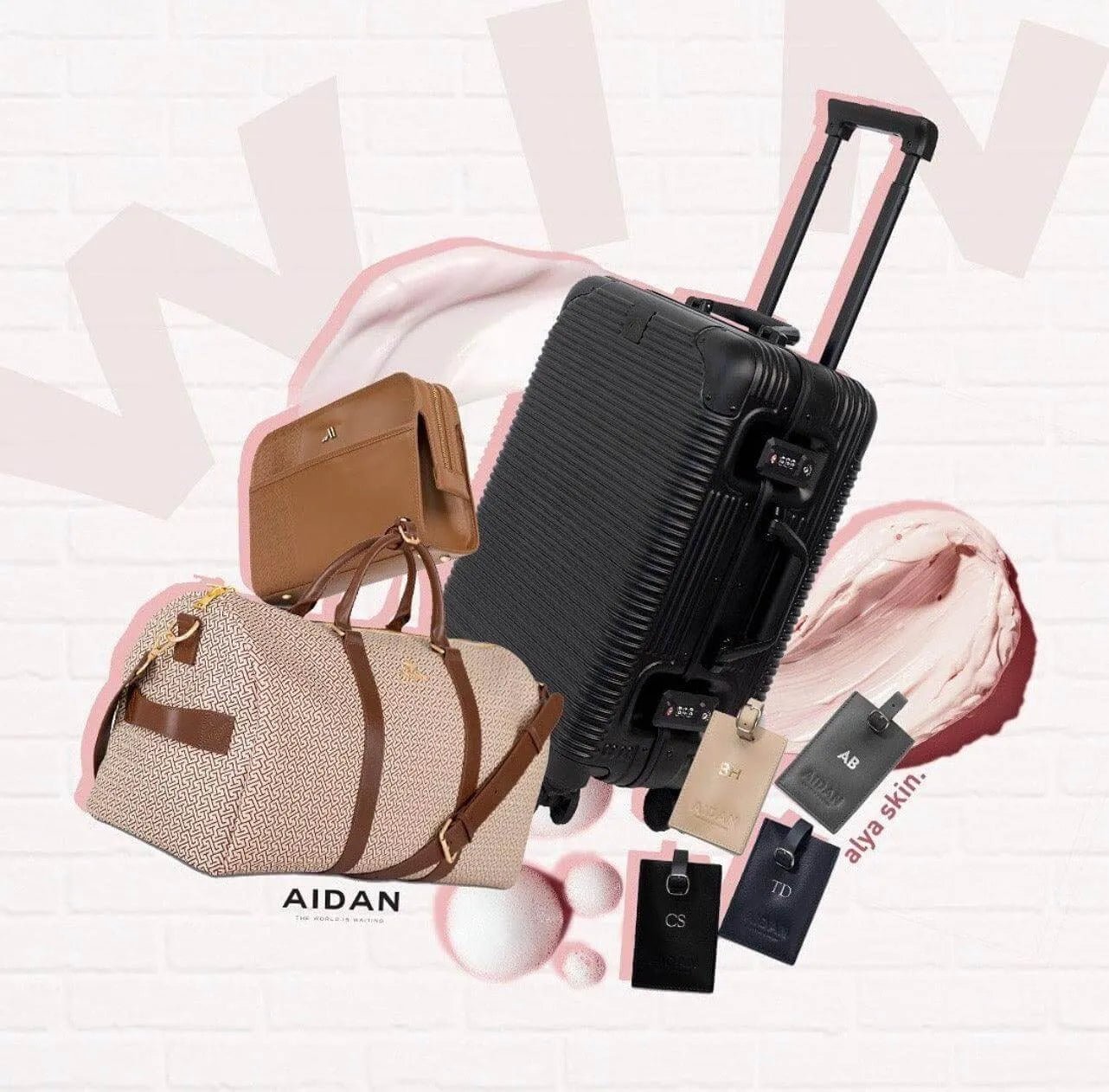 AIDAN bags and suitcase featured in Alya Skin giveaway image with pink background.