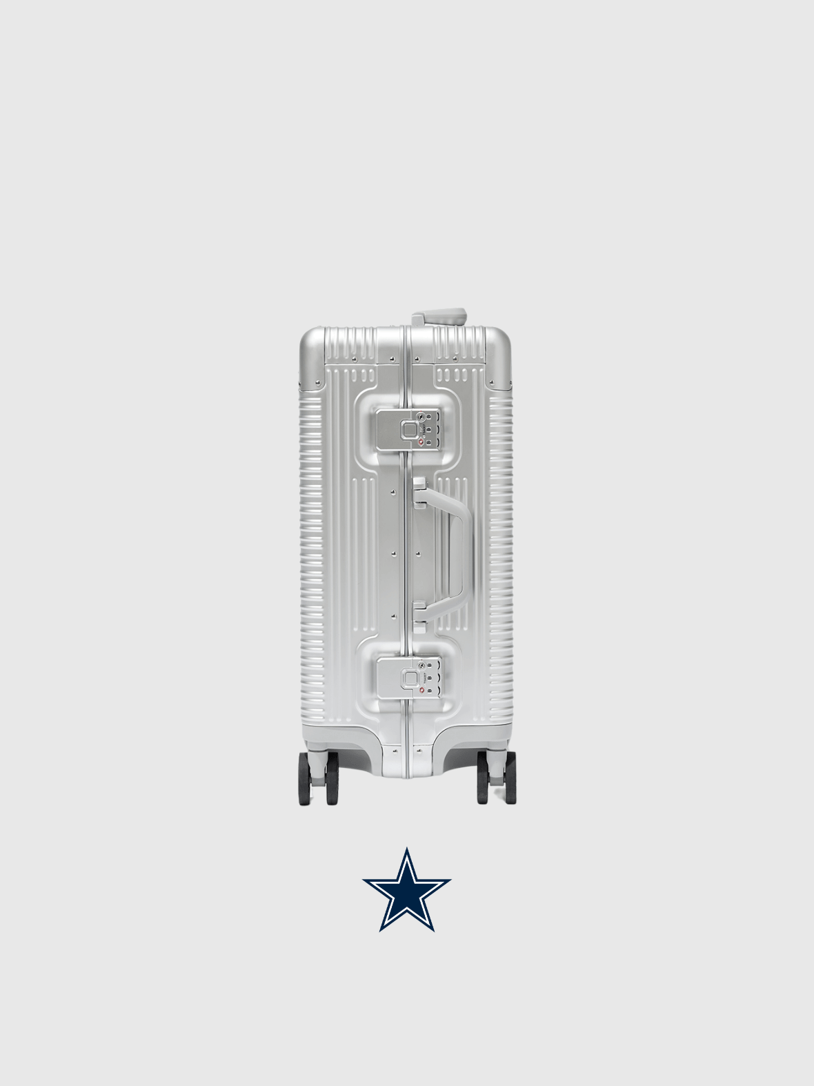 Dallas Cowboys Limited Edition Time Capsule Case, sleek silver design with wheels and logo, perfect for fans and players.